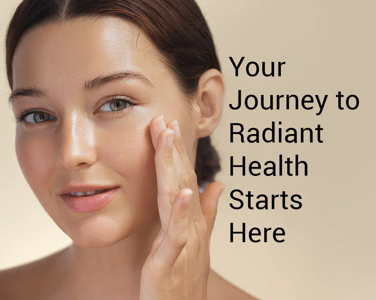 Close-up of a smiling woman gently touching her cheek with her fingers, showcasing healthy, glowing skin. Text overlay reads “Your Journey to Radiant Health Starts Here” on a soft beige background.