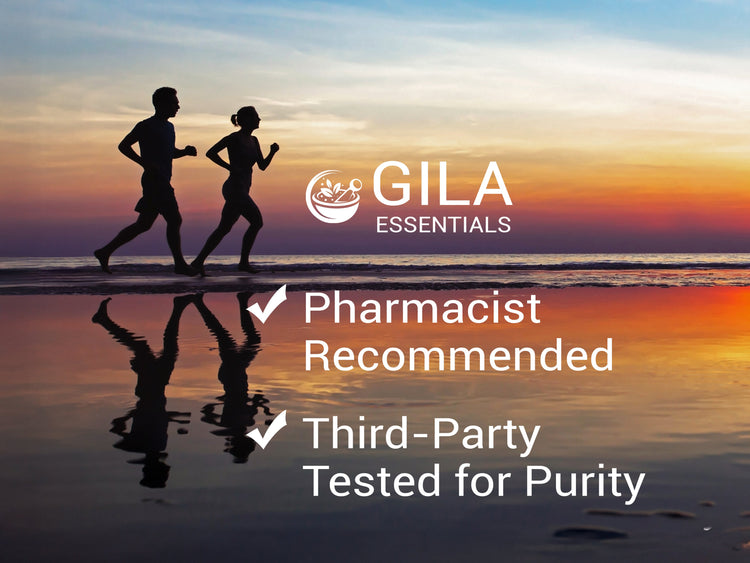 A pair of runners on the beach, a text overlay that GILA essentials are pharmacist-recommended and third-party tested for purity