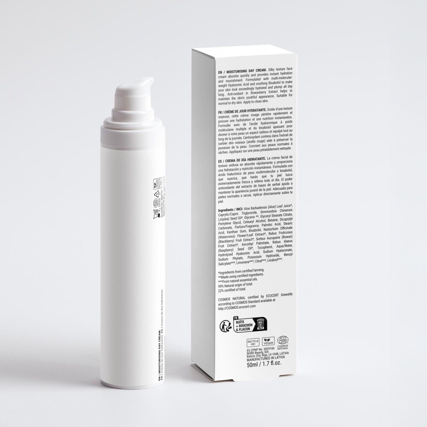 Back of the GILA Daily Hydration Cream pump bottle and product box, designed for a radiant, hydrated complexion ideal for all skin types.