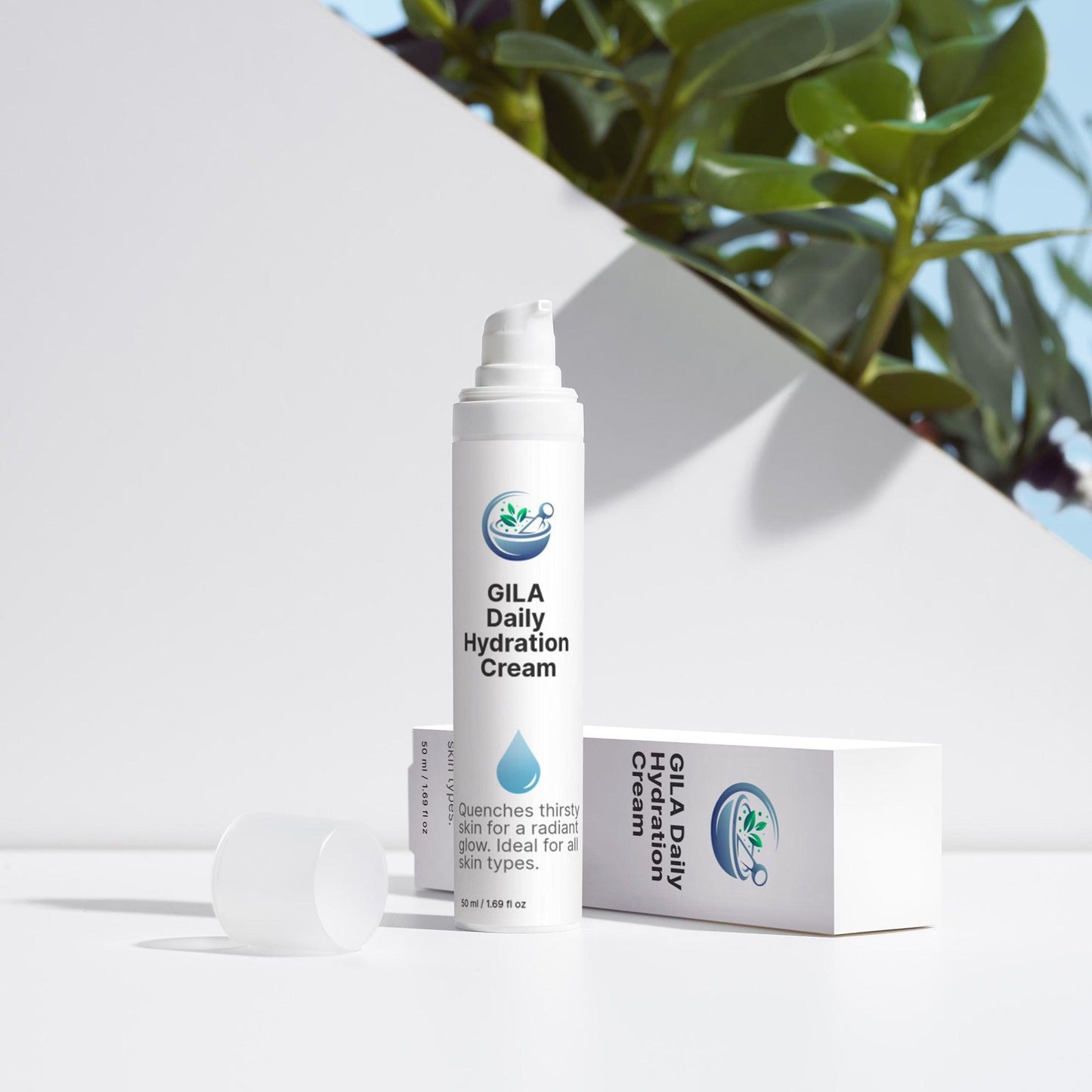 GILA Daily Hydration Cream pump bottle, in an outside setting. It is designed for a radiant, hydrated complexion ideal for all skin types.