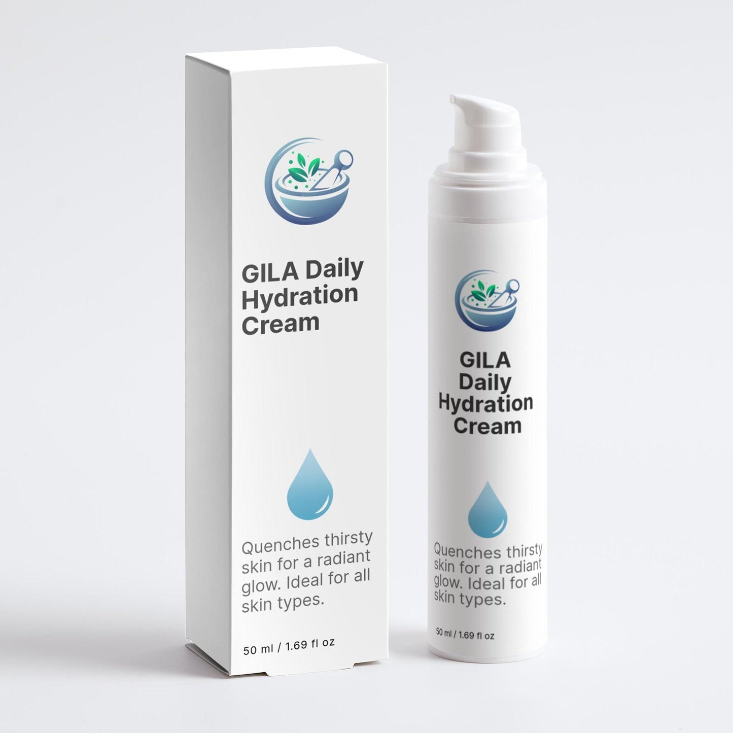 GILA Daily Hydration Cream pump bottle and box, designed for a radiant, hydrated complexion ideal for all skin types.
