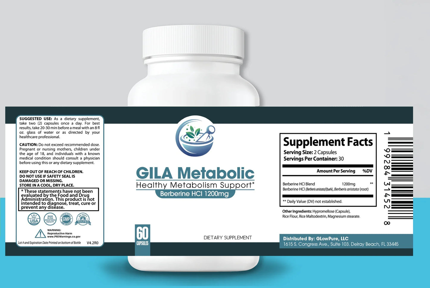 An image of a white supplement bottle with the GILA Metabolic label and supplement facts