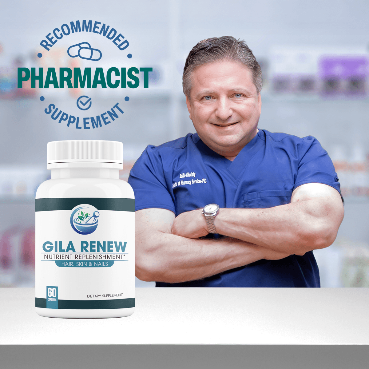 An image of the GLowPure pharmacist as he stands behind the pharmacy counter
