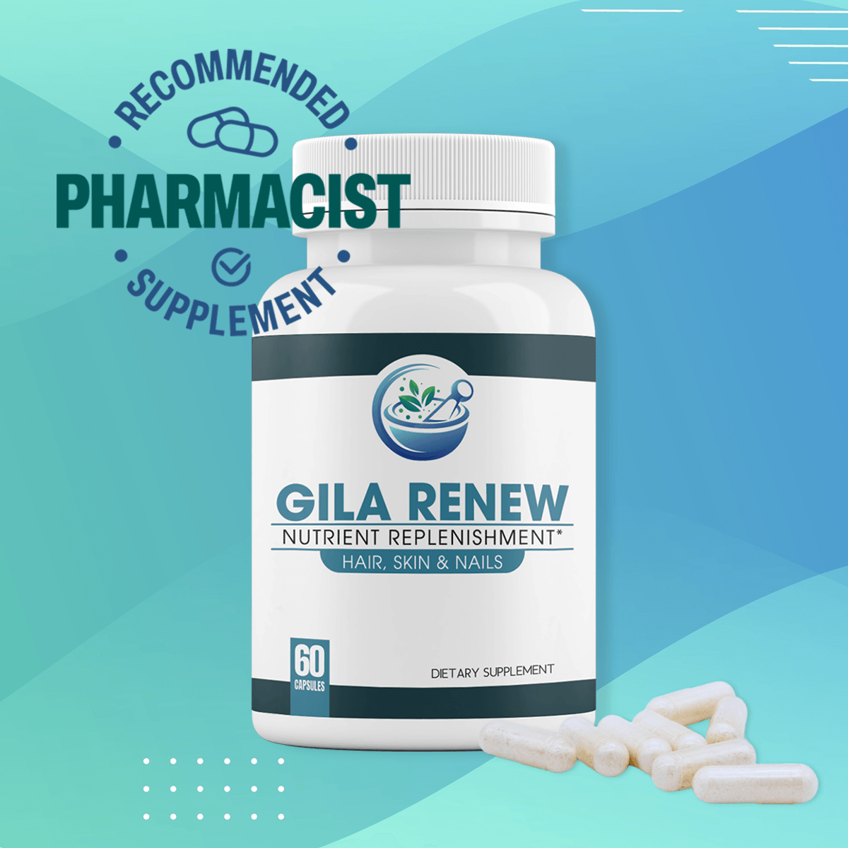 GILA Renew supplement for hair, skin, and nails - with capsules and a ‘Pharmacist Recommended’ badge