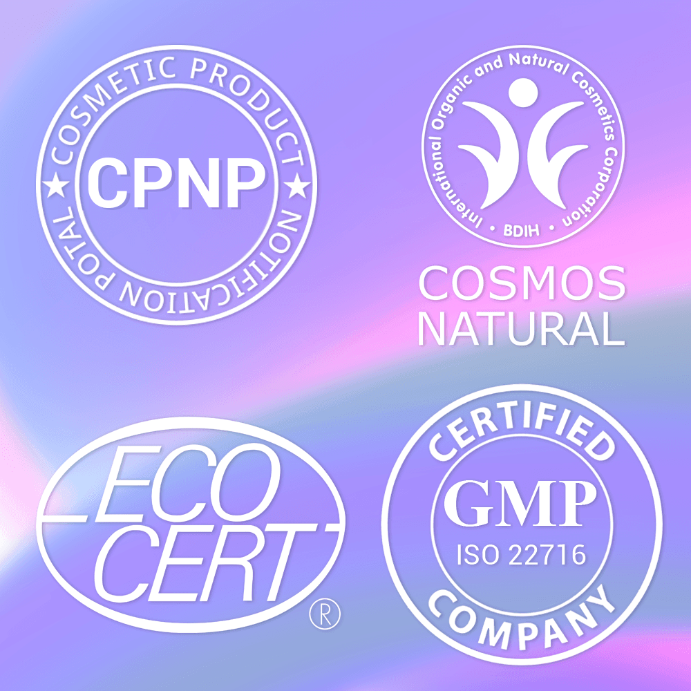 Image of certifications including COSMOS Natural, ECOCERT, CPNP Registered, and ISO Certified, highlighting product quality and regulatory adherence