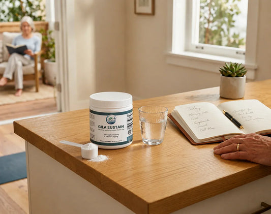 GILA Sustain creatine monohydrate powder with a scoop, glass of water, and journal on a kitchen counter in a bright home setting.