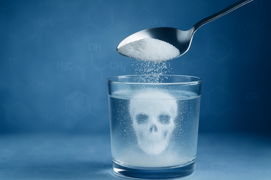 White sugar crystals are dissolving in a glass of water, swirling into a ghostly white skull, symbolizing the hidden, danger of excessive sugar consumption.