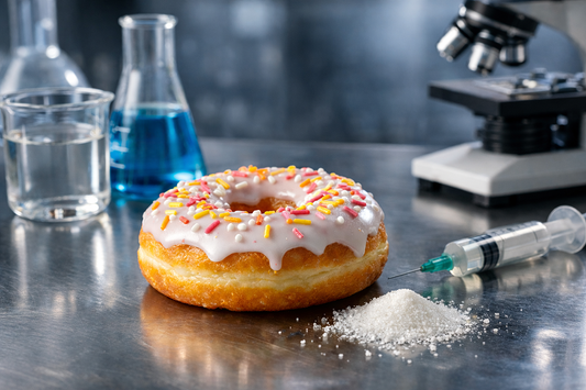 A glazed donut sitting on a laboratory table with a microscope and beakers in the background