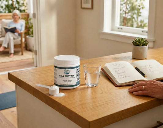 GILA Sustain creatine monohydrate powder with a scoop, glass of water, and journal on a kitchen counter in a bright home setting.