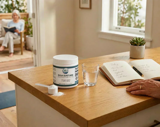 GILA Sustain creatine monohydrate powder with a scoop, glass of water, and journal on a kitchen counter in a bright home setting.