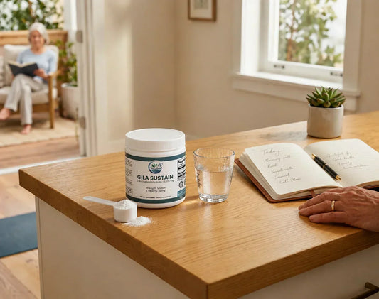 GILA Sustain creatine monohydrate powder with a scoop, glass of water, and journal on a kitchen counter in a bright home setting.