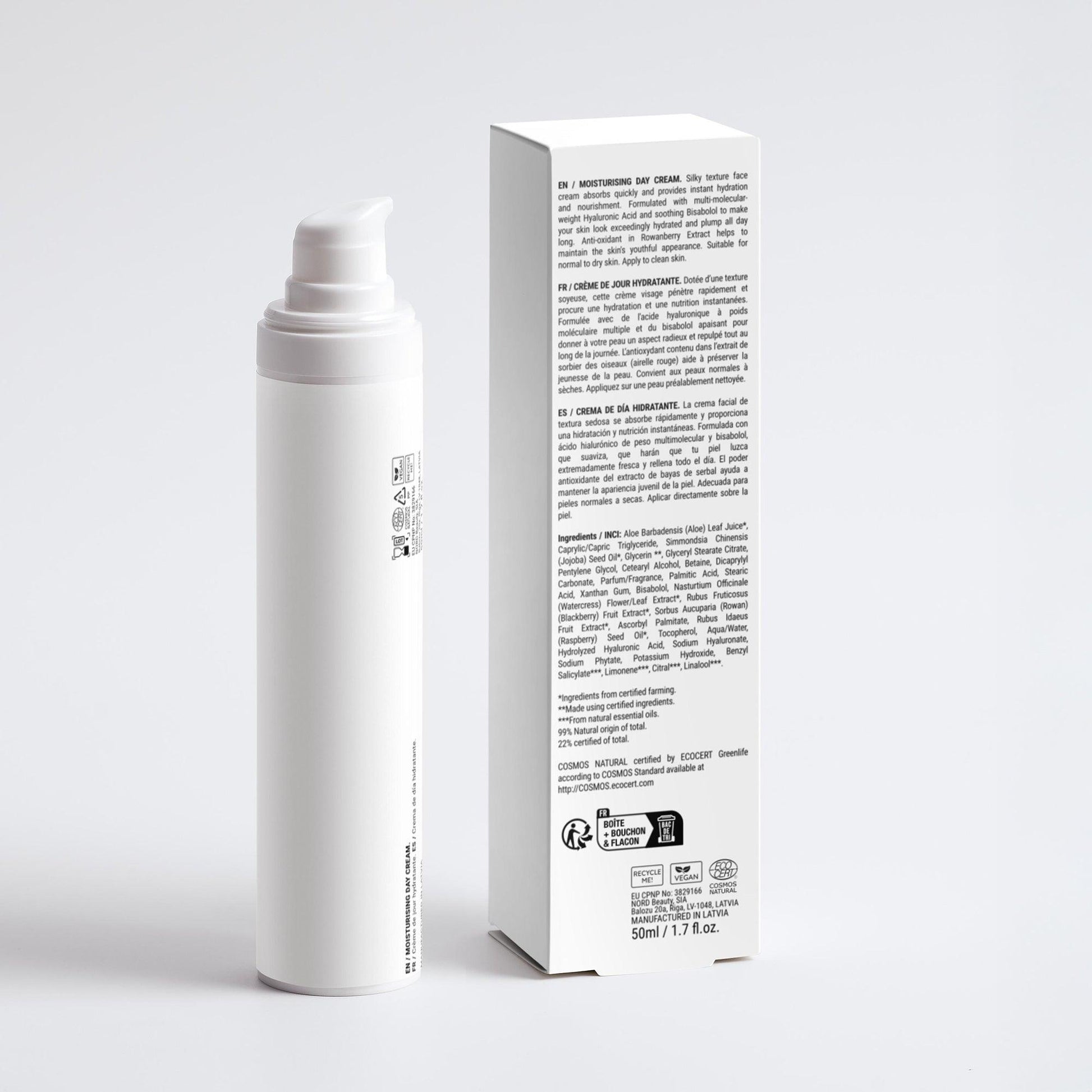 Back of the GILA Daily Hydration Cream pump bottle and product box, designed for a radiant, hydrated complexion ideal for all skin types.