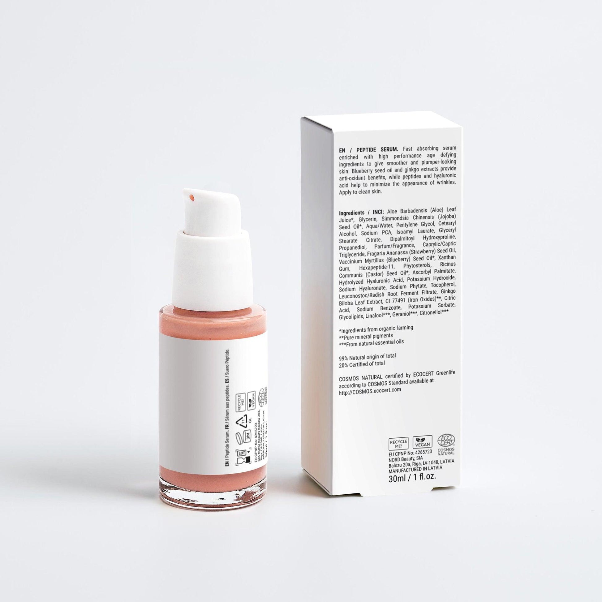 Back of the GILA Anti-Aging Peptide Serum bottle and box, showcasing the ingredients for a high-performance formula for smoother, firmer skin and wrinkle reduction