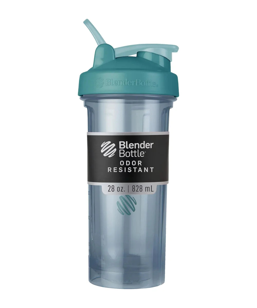 A BlenderBottle shaker cup with a translucent light blue body, a teal lid and straw, and a black label that reads 'Blender Bottle Odor Resistant'.