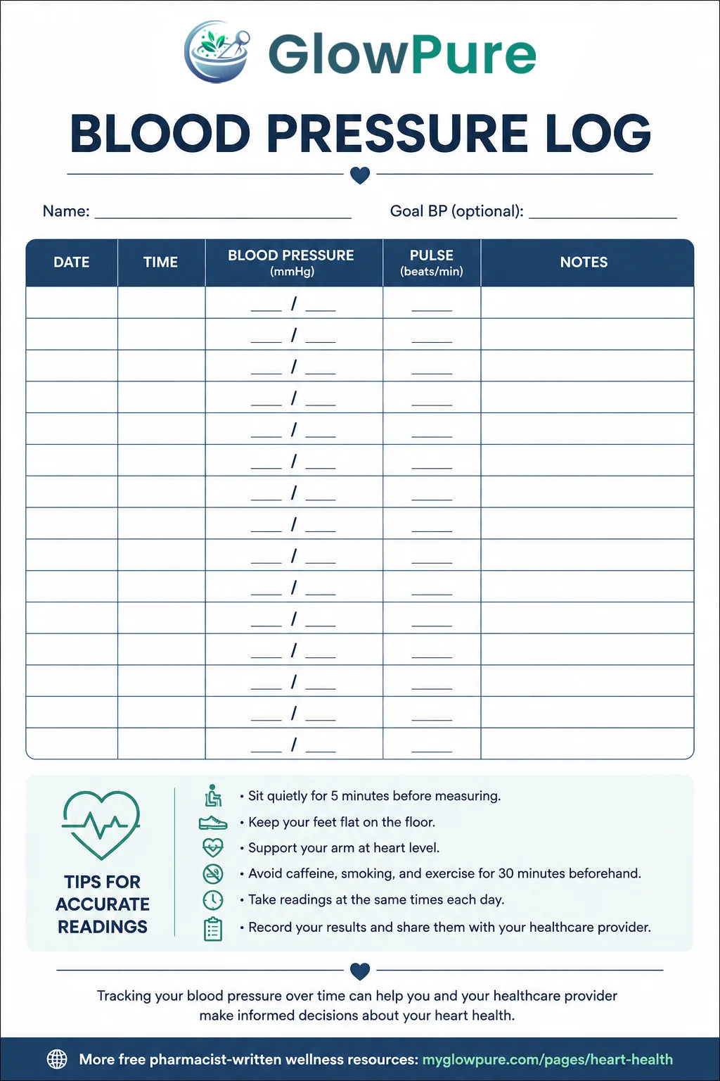 A blood pressure log tracker sheet from GlowPure with fields for date, time, blood pressure reading, pulse, and notes, plus tips for accurate readings and a footer with website reference.