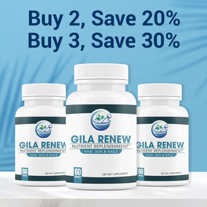 Three Gila Renew supplement bottles on a light blue background with promotional text.