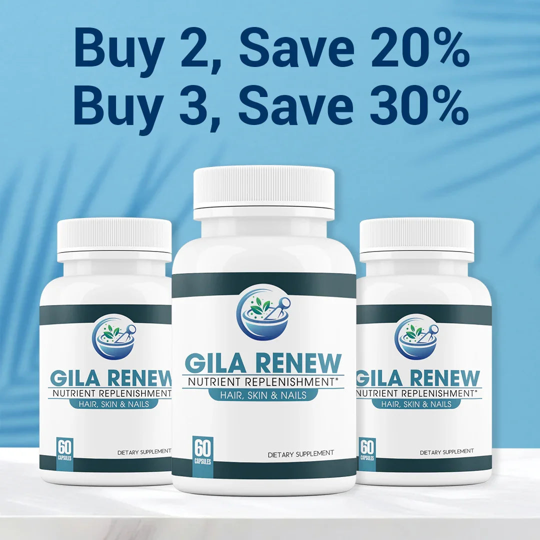 Three Gila Renew supplement bottles on a light blue background with promotional text.