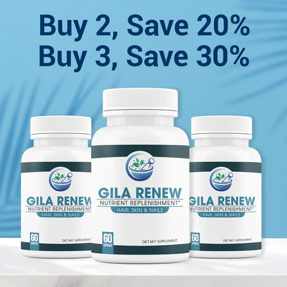 Three Gila Renew supplement bottles on a light blue background with promotional text.