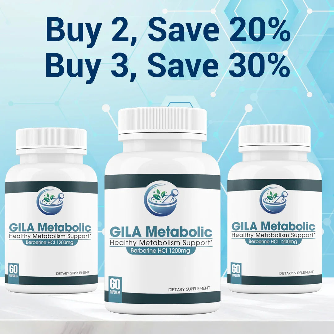 Three GILA Metabolic dietary supplement bottles with promotional text on a blue background