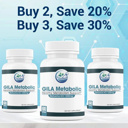 Three GILA Metabolic dietary supplement bottles with promotional text on a blue background