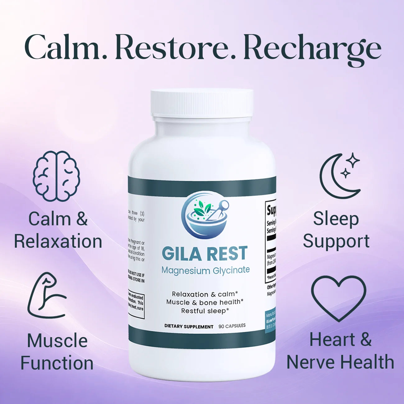Supplement bottle labeled 'GILA REST' with health benefits on a purple background