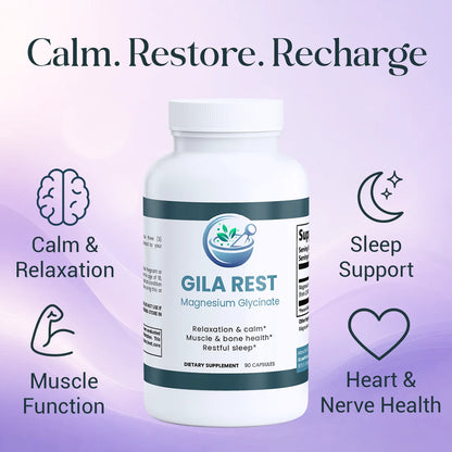 Supplement bottle labeled 'GILA REST' with health benefits on a purple background