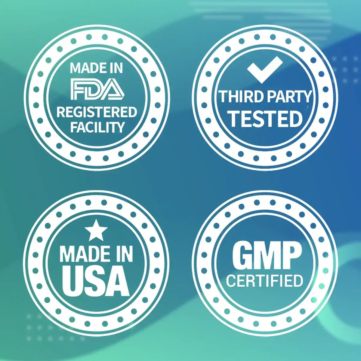 Four certification badges on a gradient blue background