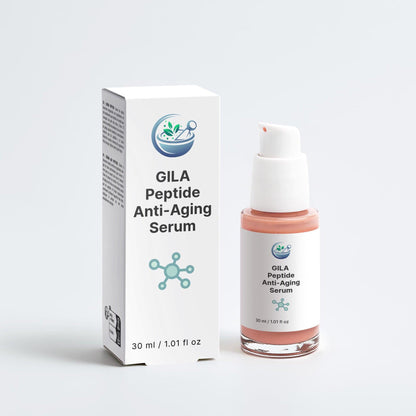 GILA Anti-Aging Peptide Serum bottle and box, showcasing a high-performance formula for smoother, firmer skin and wrinkle reduction