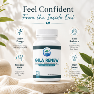 Supplement bottle labeled 'GILA RENEW' with text about its benefits on a natural background.