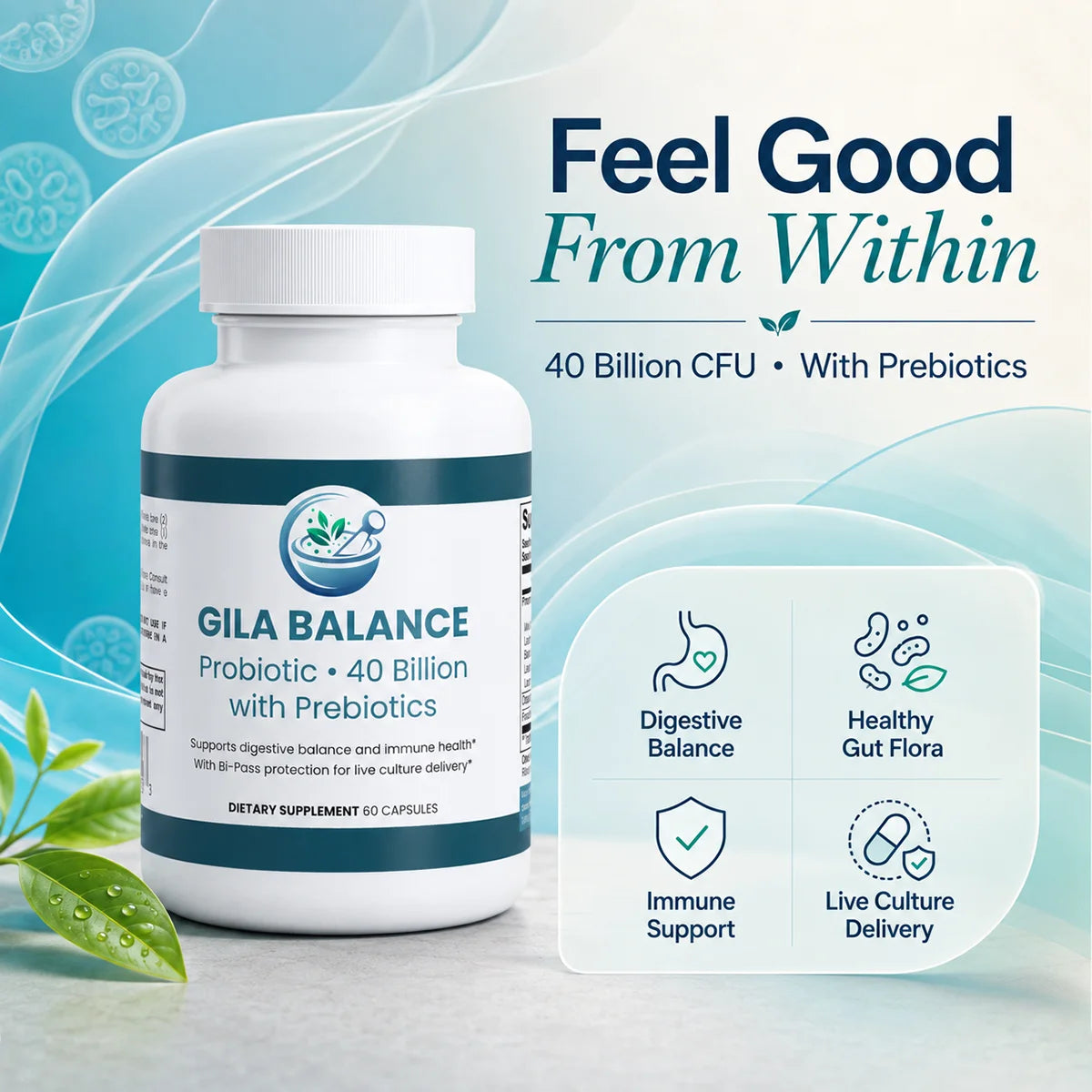 A bottle of GILA BALANCE probiotic supplement with prebiotics, shown alongside marketing text and benefit icons on a light blue background.