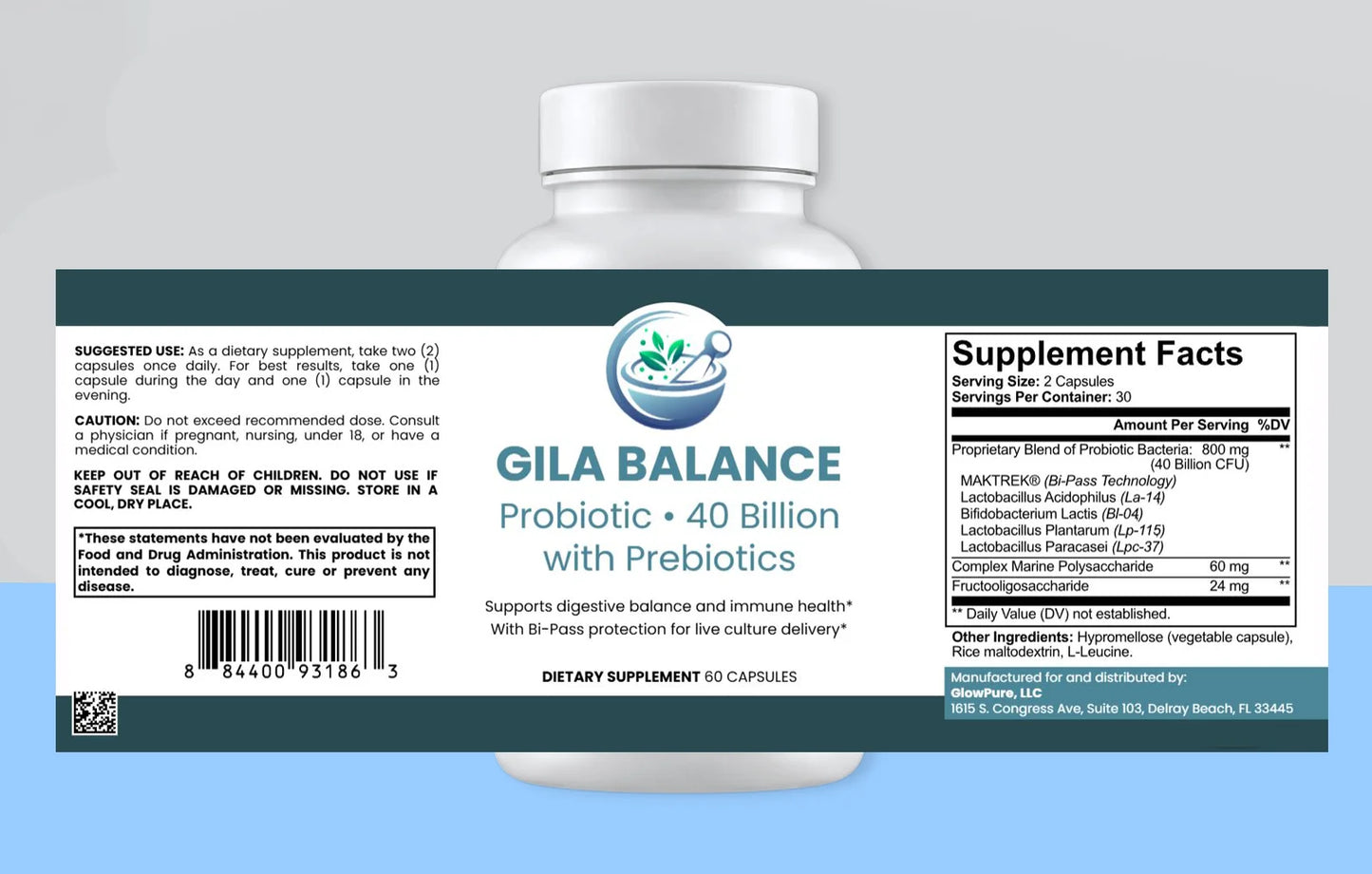 A white plastic bottle of GILA BALANCE Probiotic 40 Billion with a detailed teal and white label, shown against a light blue background.