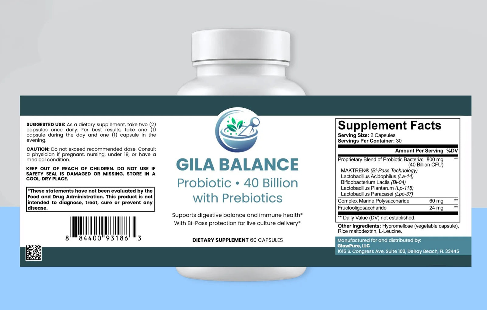 A white plastic bottle of GILA BALANCE Probiotic 40 Billion with a detailed teal and white label, shown against a light blue background.
