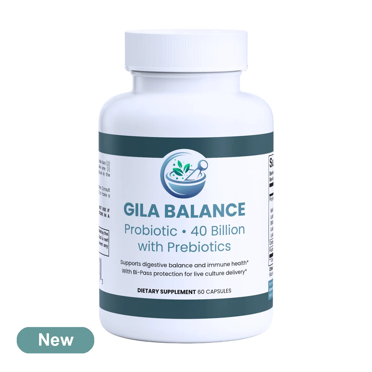 A white plastic bottle of Gila Balance Probiotic dietary supplement with a white cap, featuring a dark green and white label. A green 'New' badge is visible in the bottom-left corner on a plain white background.