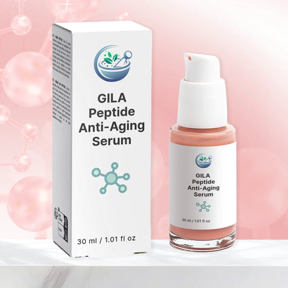 A bottle of Gila Peptide Anti-Aging Serum and box in front of a pink background