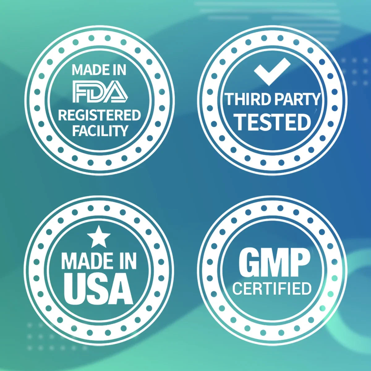 Four certification badges on a gradient blue background