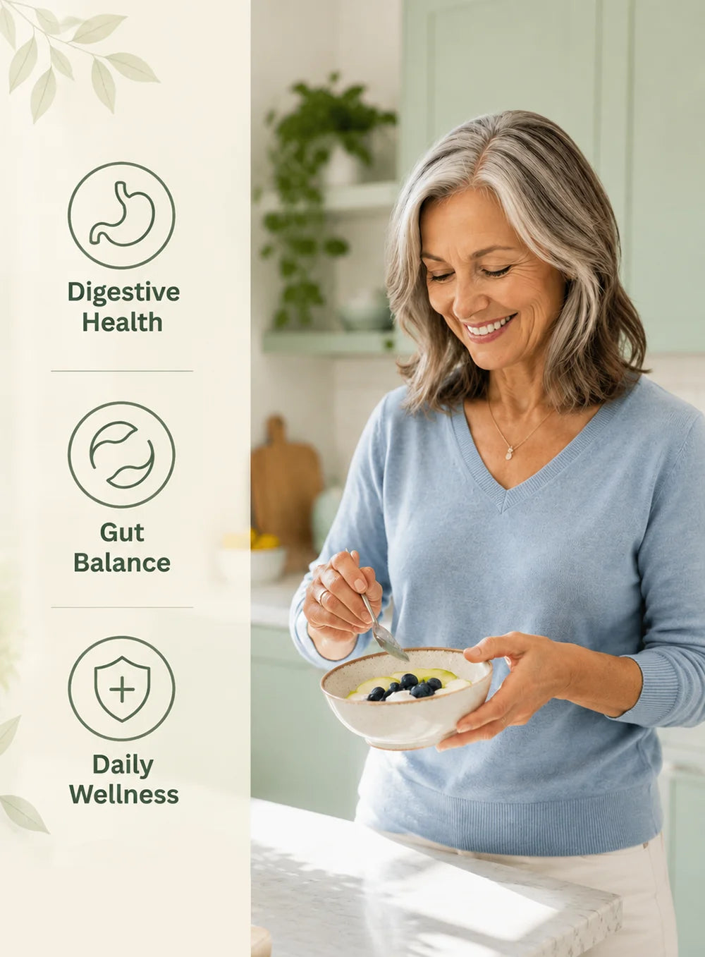 A smiling older woman with gray hair stands in a bright kitchen, holding a bowl of yogurt with blueberries and a spoon. A vertical panel on the left lists benefits: Digestive Health, Gut Balance, and Daily Wellness, with icons and text on a cream background.