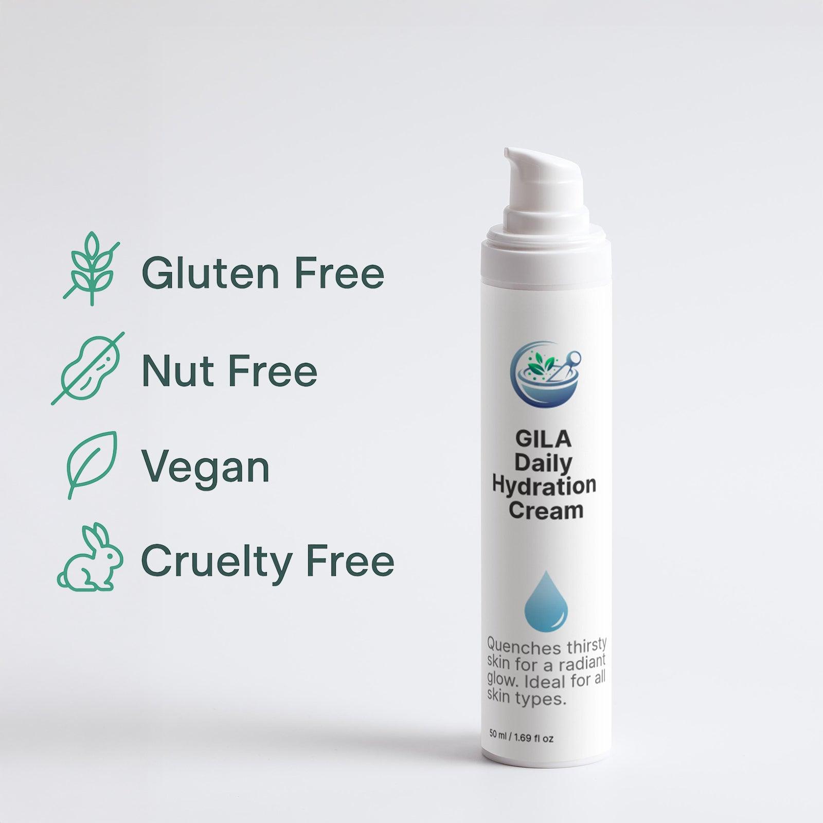 GILA Daily Hydration Cream pump bottle, designed for a radiant, hydrated complexion ideal for all skin types. It's gluten free, nut free, vegan, and cruelty free
