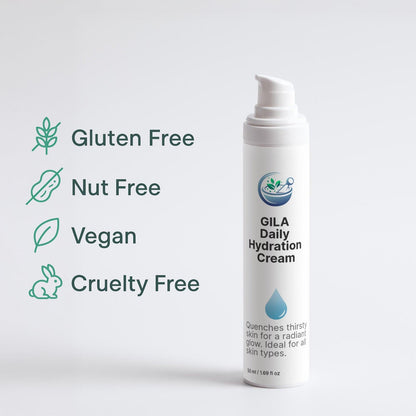 GILA Daily Hydration Cream pump bottle, designed for a radiant, hydrated complexion ideal for all skin types. It's gluten free, nut free, vegan, and cruelty free