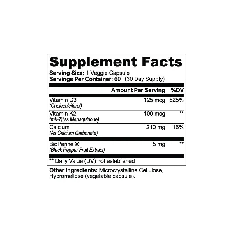 A black and white Supplement Facts label showing vitamin and calcium details for a veggie capsule product, with text listing serving size, servings per container, and daily value percentages.