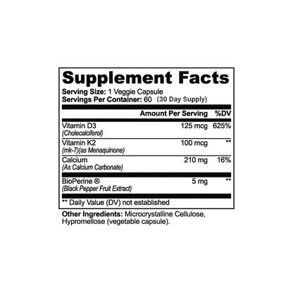 A black and white Supplement Facts label showing vitamin and calcium details for a veggie capsule product, with text listing serving size, servings per container, and daily value percentages.