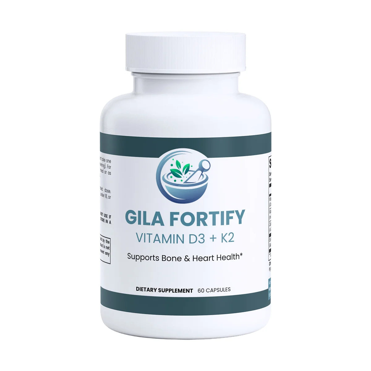 A white plastic bottle of Gila Fortify Vitamin D3 + K2 dietary supplement with a white cap, featuring a white label with dark green bands and a blue logo.