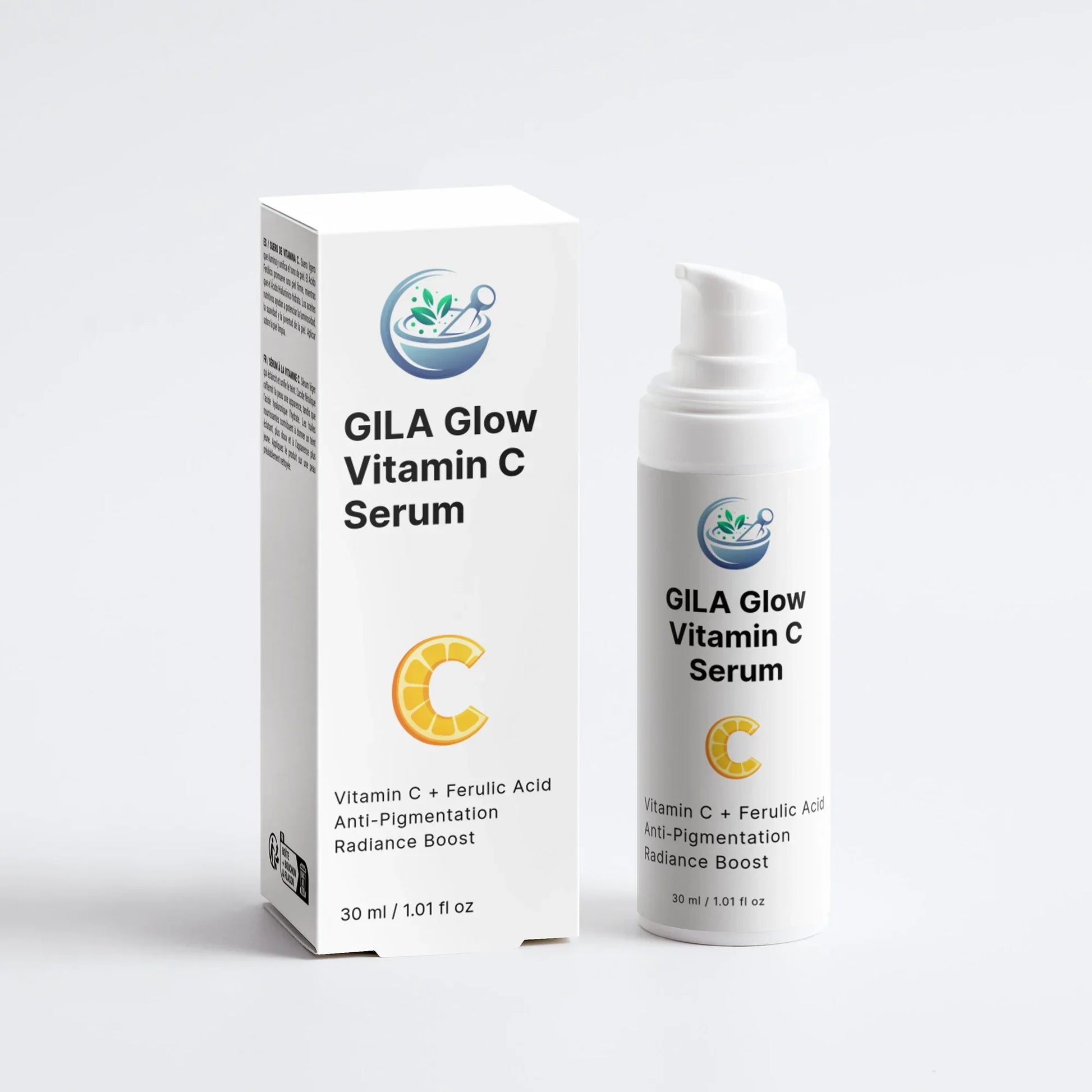 An image of the box and bottle of GILA Glow Vitamin C serum on a white background