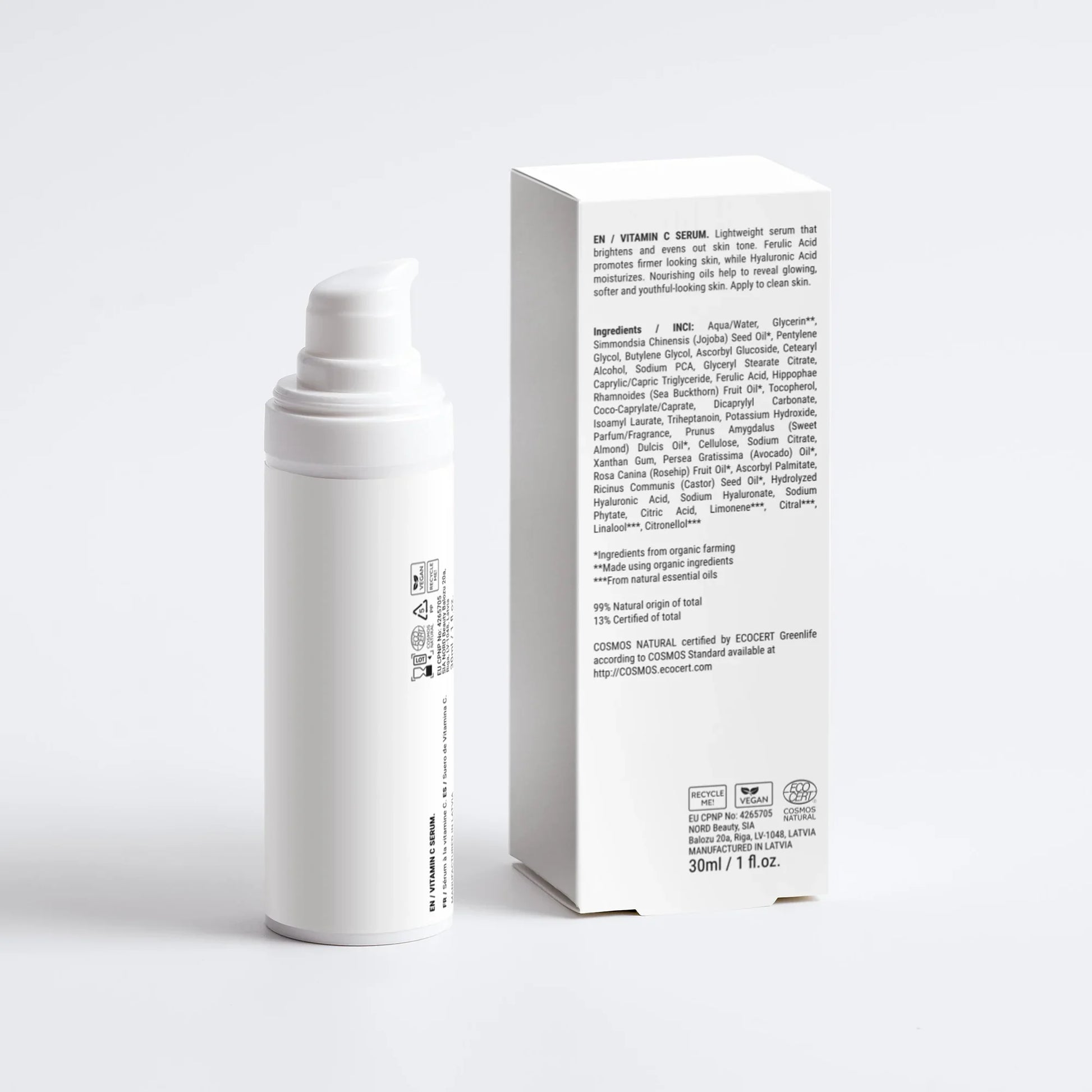 An image with a white background showing the back of the GILA Glow Vitamin C Serum and box with ingredients showing