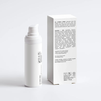 An image with a white background showing the back of the GILA Glow Vitamin C Serum and box with ingredients showing