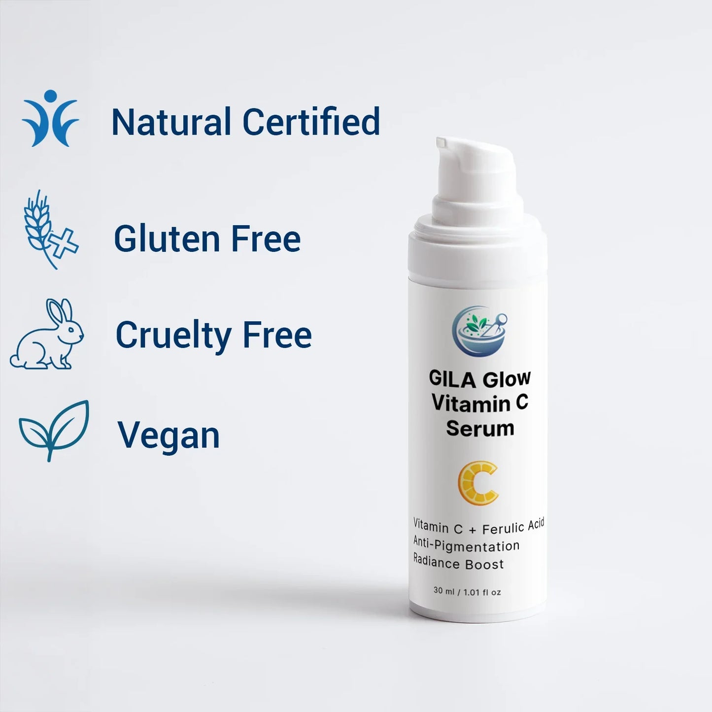 A graphic showing that GILA Glow Vitamin C serum is natural certified, gluten free, cruelty free, and vegan