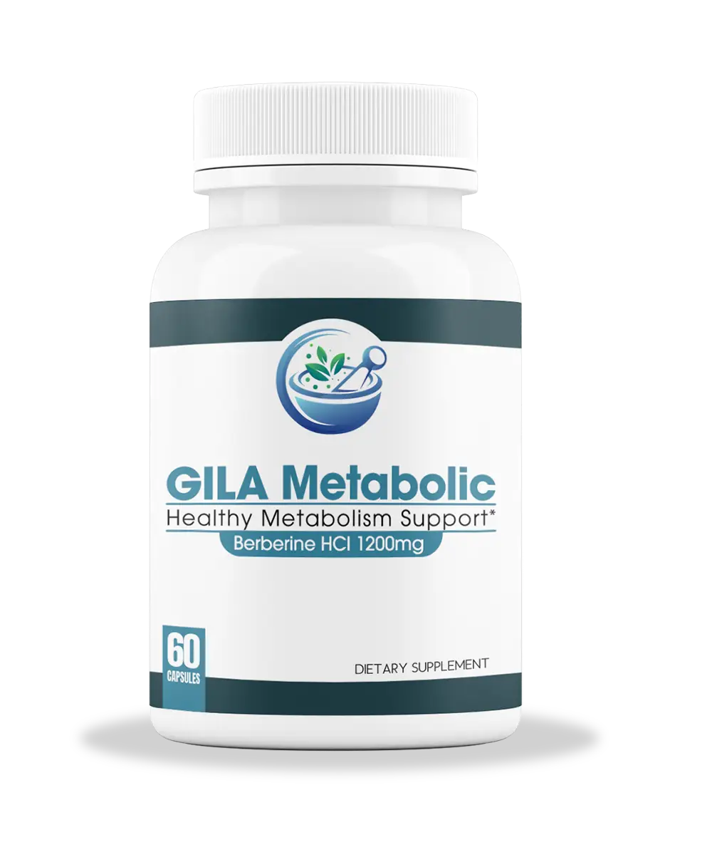 Supplement bottle labeled 'GILA Metabolic' on a white background