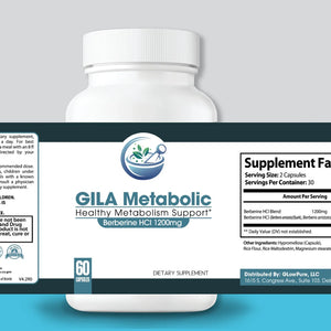 An image of a white supplement bottle with the GILA Metabolic label and supplement facts