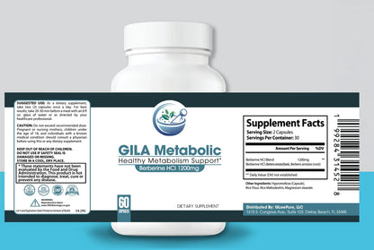 An image of a white supplement bottle with the GILA Metabolic label and supplement facts