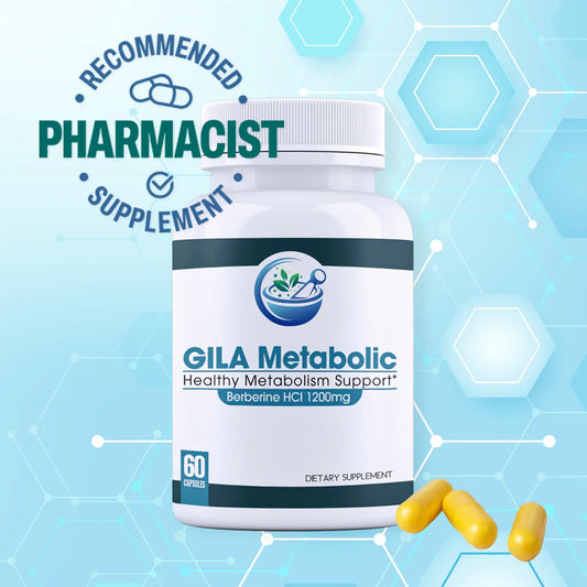 Supplement bottle labeled 'GILA Metabolic' on a blue background with 'Recommended Pharmacist Supplement' text.