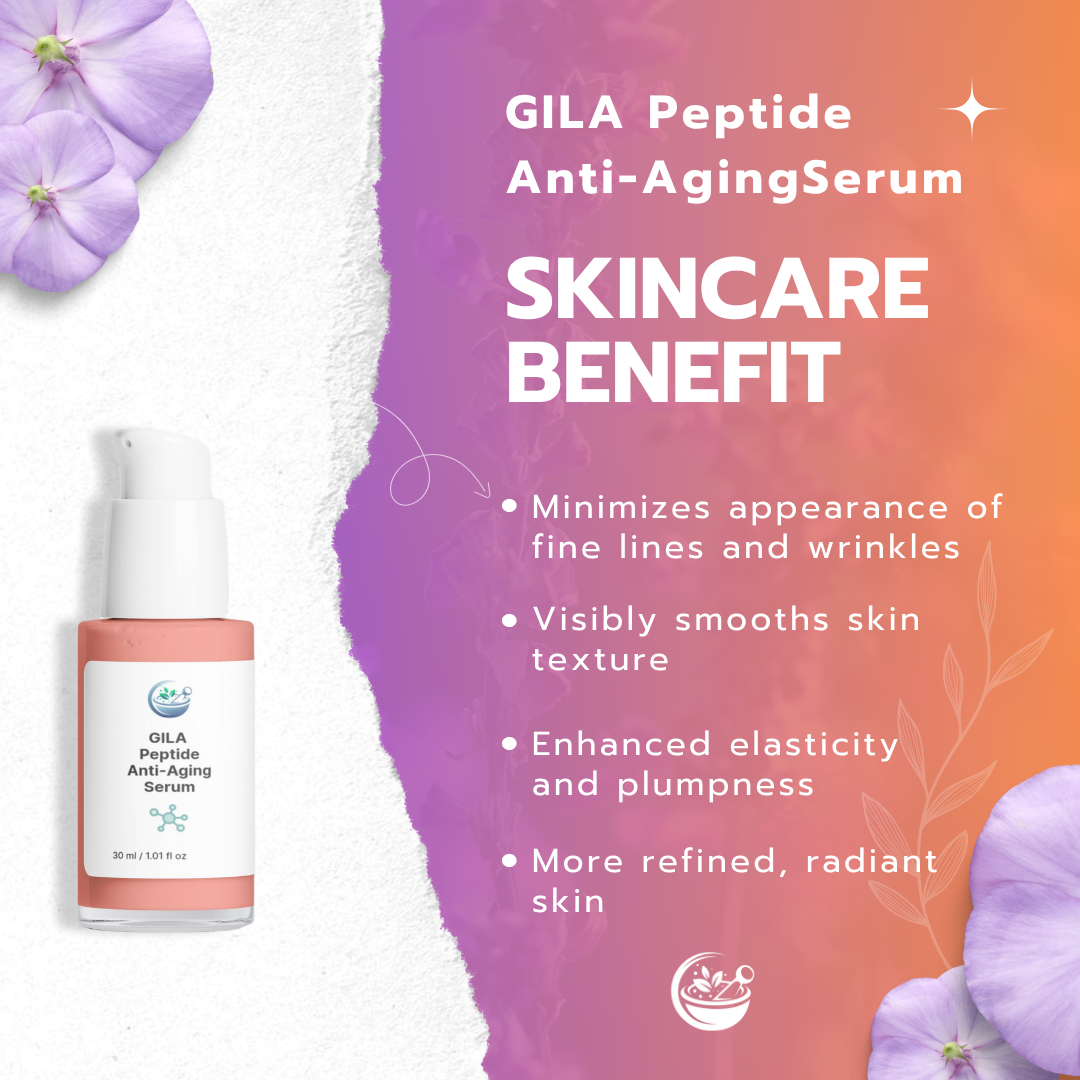 Graphic for GILA Peptide Anti-Aging Serum, titled 'SKINCARE BENEFIT'. It lists benefits: Minimizes appearance of fine lines and wrinkles, Visibly smooths skin texture, Enhanced elasticity and plumpness, and More refined, radiant skin. A pink product bottle is shown on the left